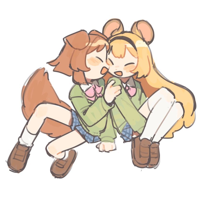 原创、hammi (umiko zzz)、haru (umiko zzz) 2名女孩 兽耳 金发 蓝裙子 脸红