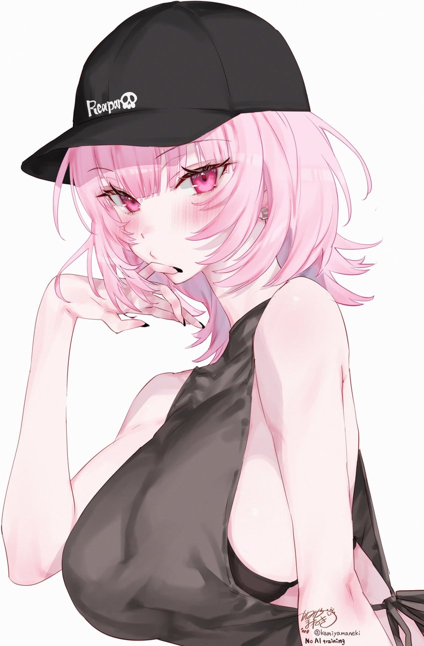 Hololive、Hololive英语、森美声 1名女孩 裸臂 棒球帽 黑色文胸 黑帽子