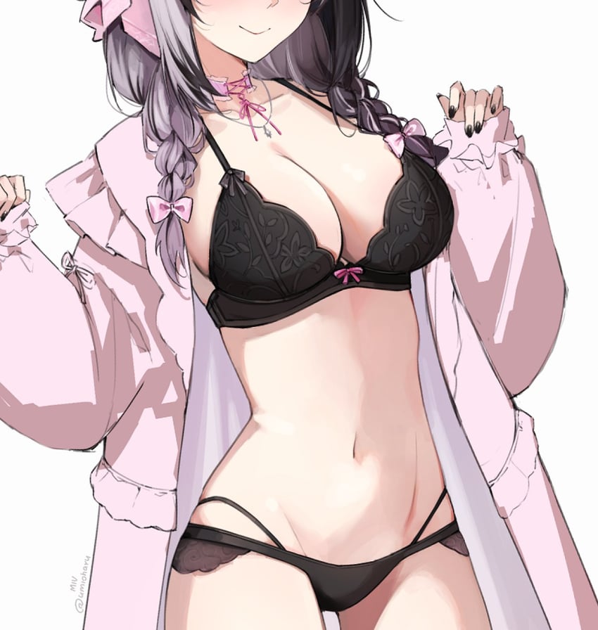 二次元插画 1名女孩 黑色文胸 黑发 黑色指甲 黑色连裤袜