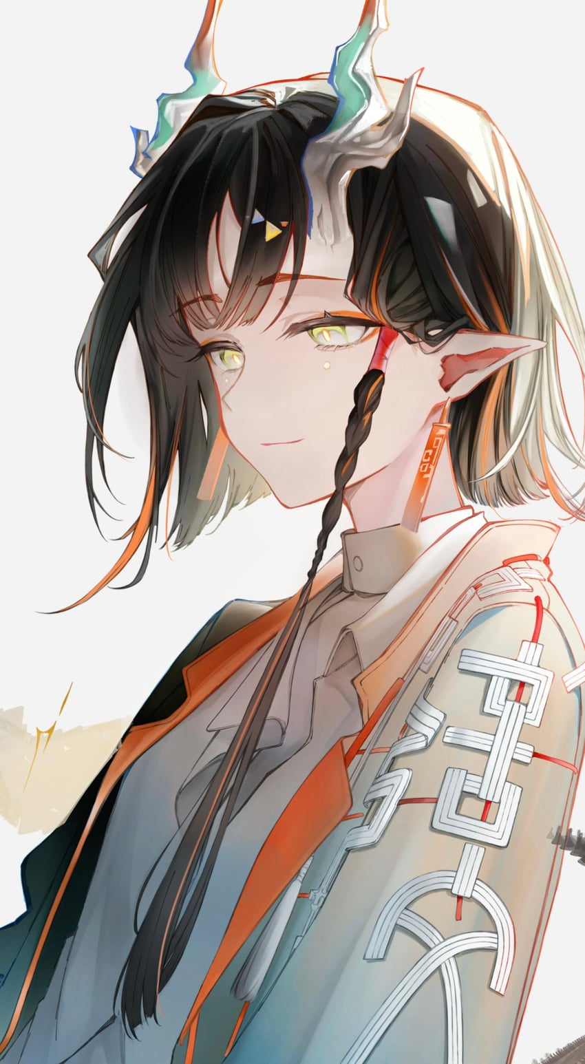 明日方舟、杰 (明日方舟) 1名女孩 黑发 龙娘 龙角 耳环
