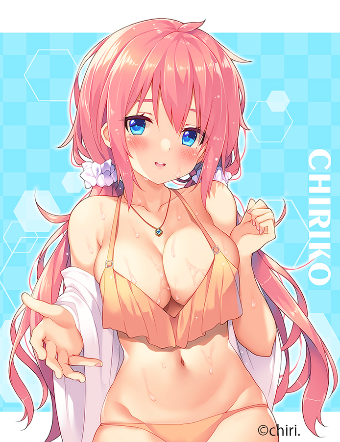 原创、千里子 1名女孩 作者名 比基尼 蓝色背景 蓝眼