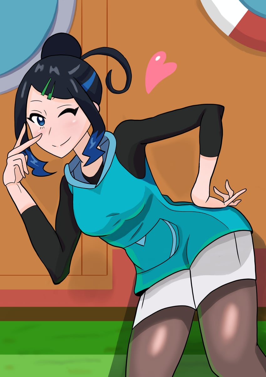 宝可梦、精灵宝可梦 (动画)、宝可梦：地平线 1名女孩 水蓝色连帽衫 弯腰 黑发 蓝眼