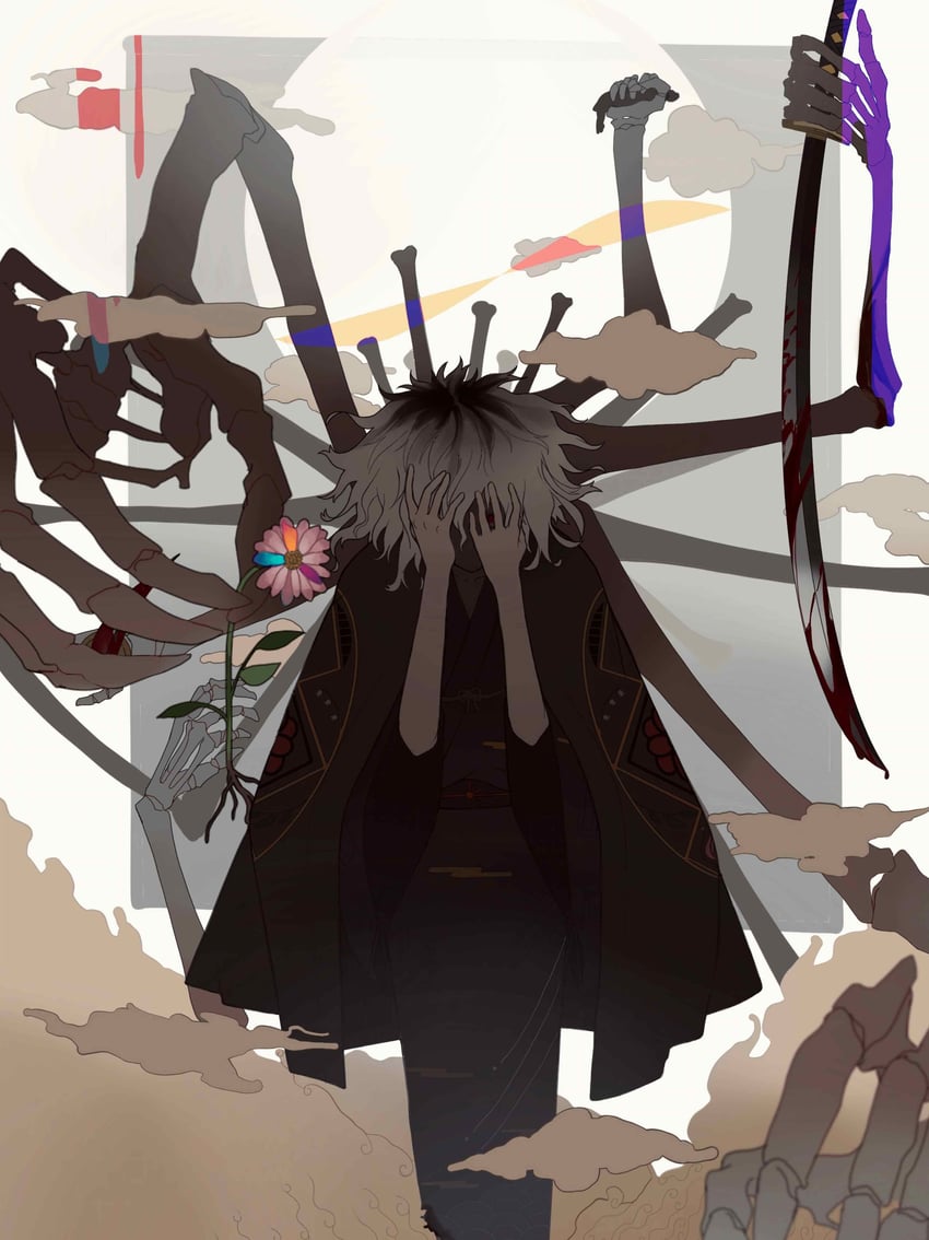原创 1名男孩 黑发 血 武器上有血 骨头