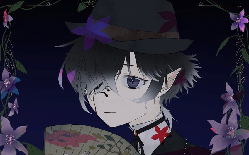 原创 1名男孩 黑发 蓝色背景 花 折扇