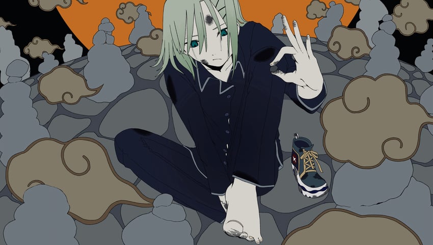 原创、sai no kawara 性别不明 赤脚 黑衬衫 蓝色裤子 闭嘴