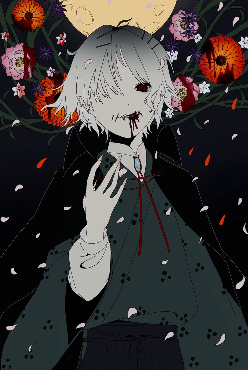 原创 1名男孩 黑色背景 黑色披肩 血 嘴角流血