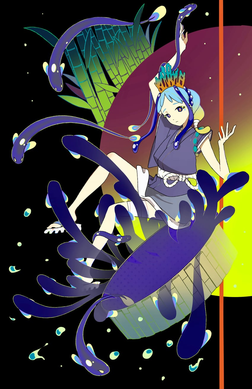 原创 1名女孩 举手 竹子 赤脚 黑色背景