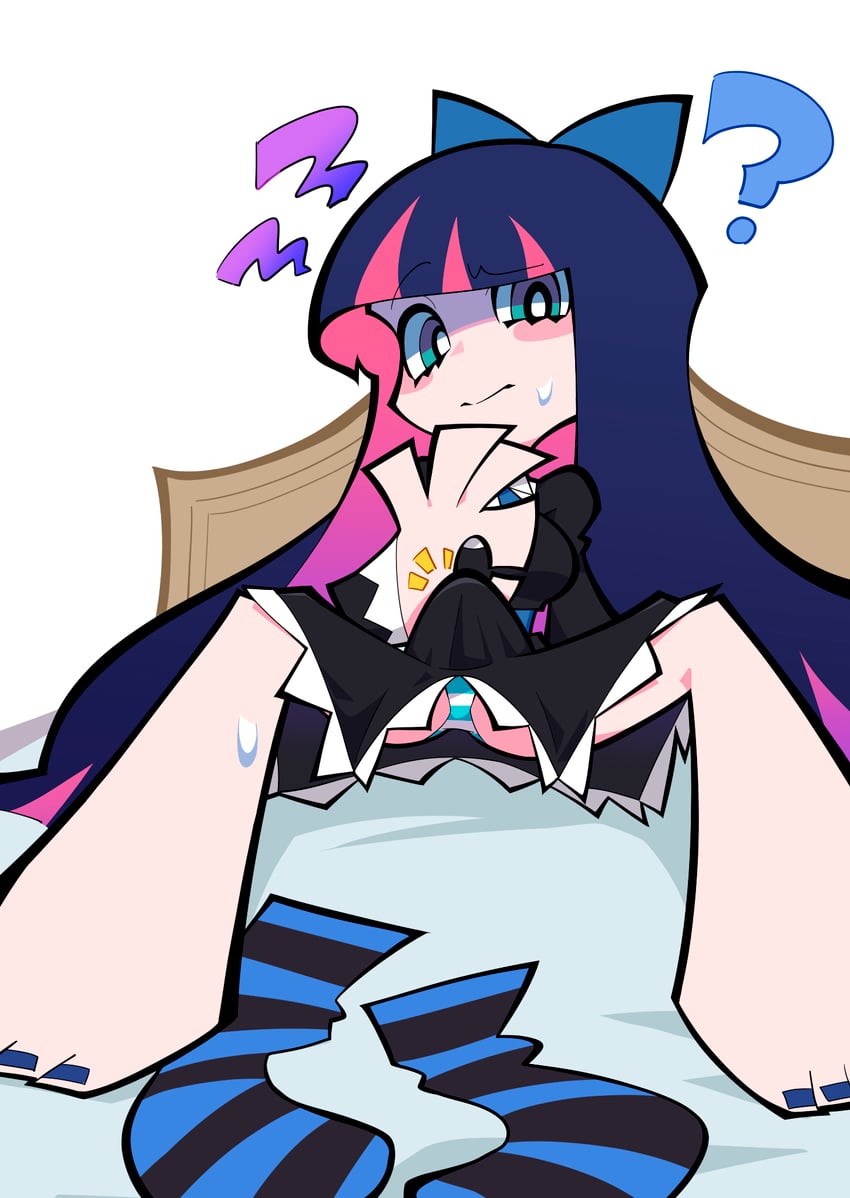 吊带袜天使、Stocking (吊带袜天使) 1名女孩 蓝眼 蝴蝶结 床上的衣服 挂耳染