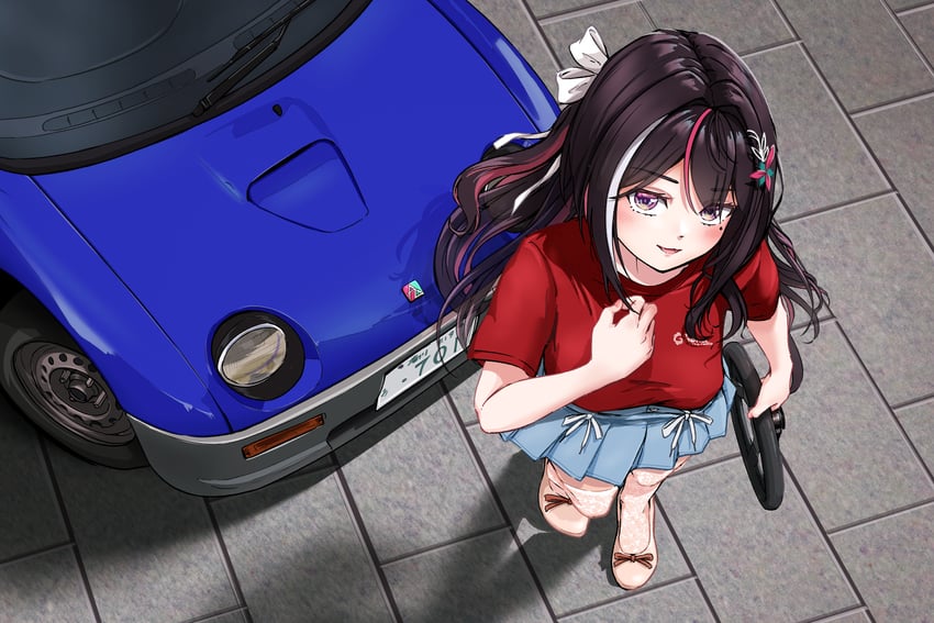 Hololive、AZKi 1名女孩 Autozam AZ-1 蓝色汽车 蓝裙子 脸红