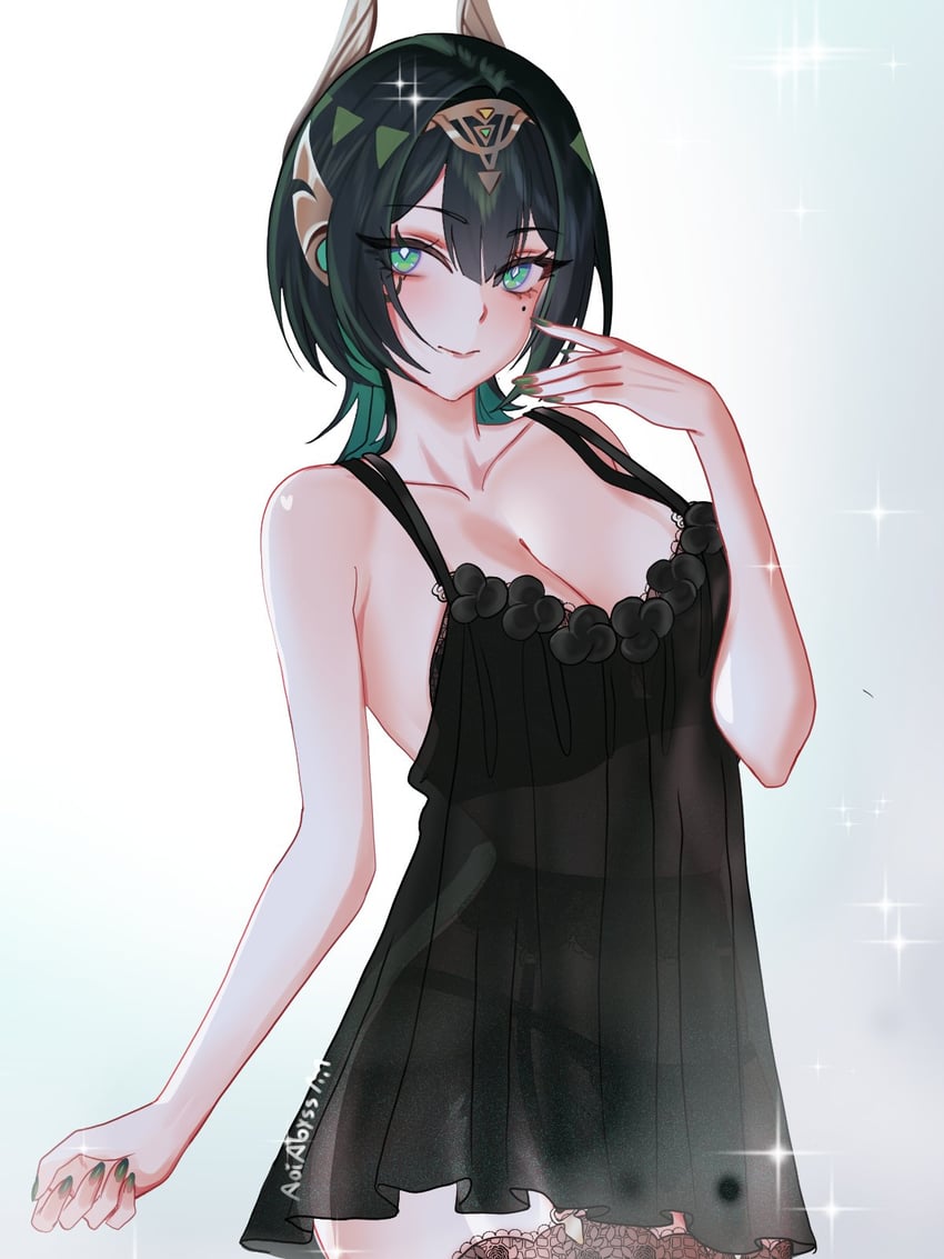 原神、妮芙 (原神) 1名女孩 替换服装 黑色连衣裙 黑色吊袜带 黑发