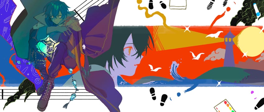 原创 1名男孩 鸟 黑色手套 黑发 蓝发