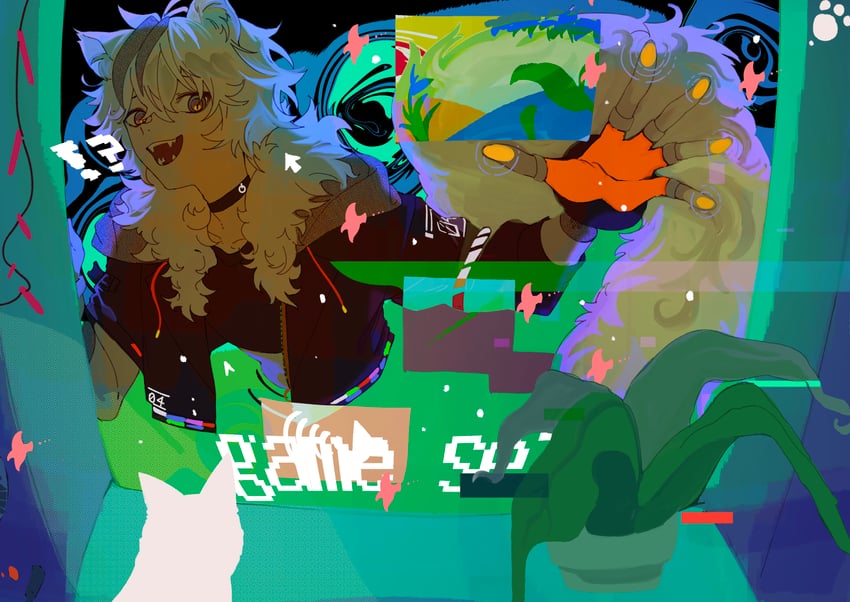原创 1名男孩 兽耳 黑色项圈 黑色夹克 黑衬衫