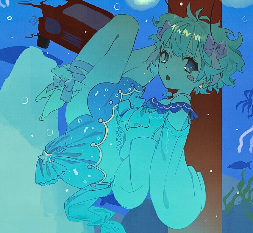 原创 1名女孩 蓝眼 腮红贴纸 蝴蝶结 气泡