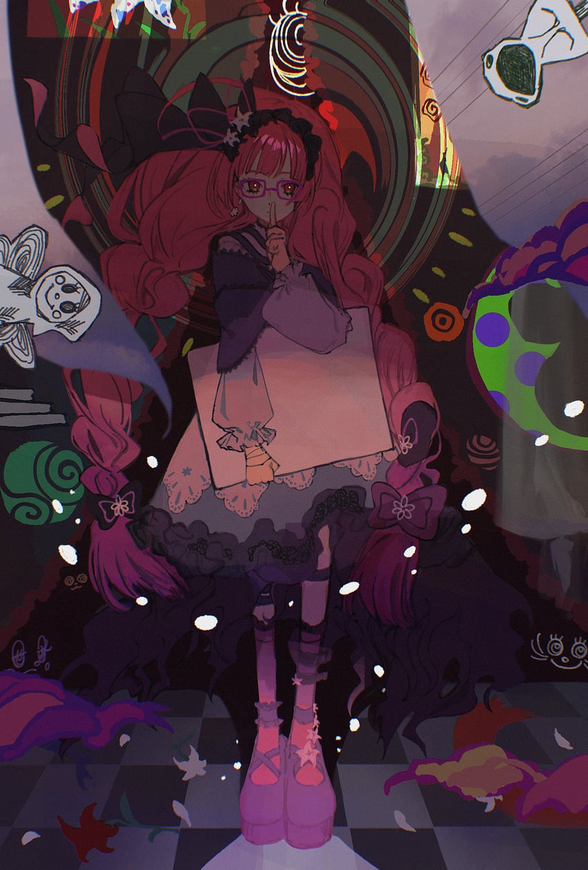 原创 1名女孩 蝴蝶结 辫子 格子地板 连衣裙