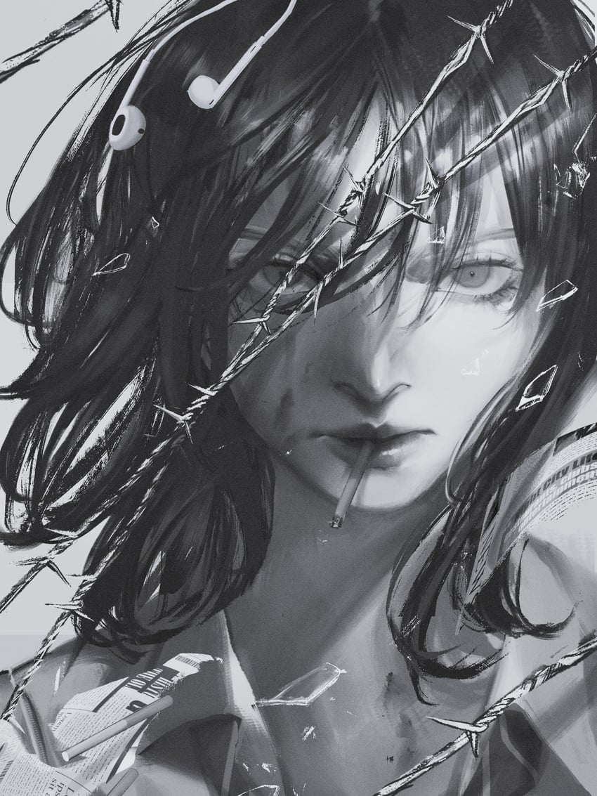 原创 1名女孩 铁丝网 有领夹克 入耳式耳机 耳机