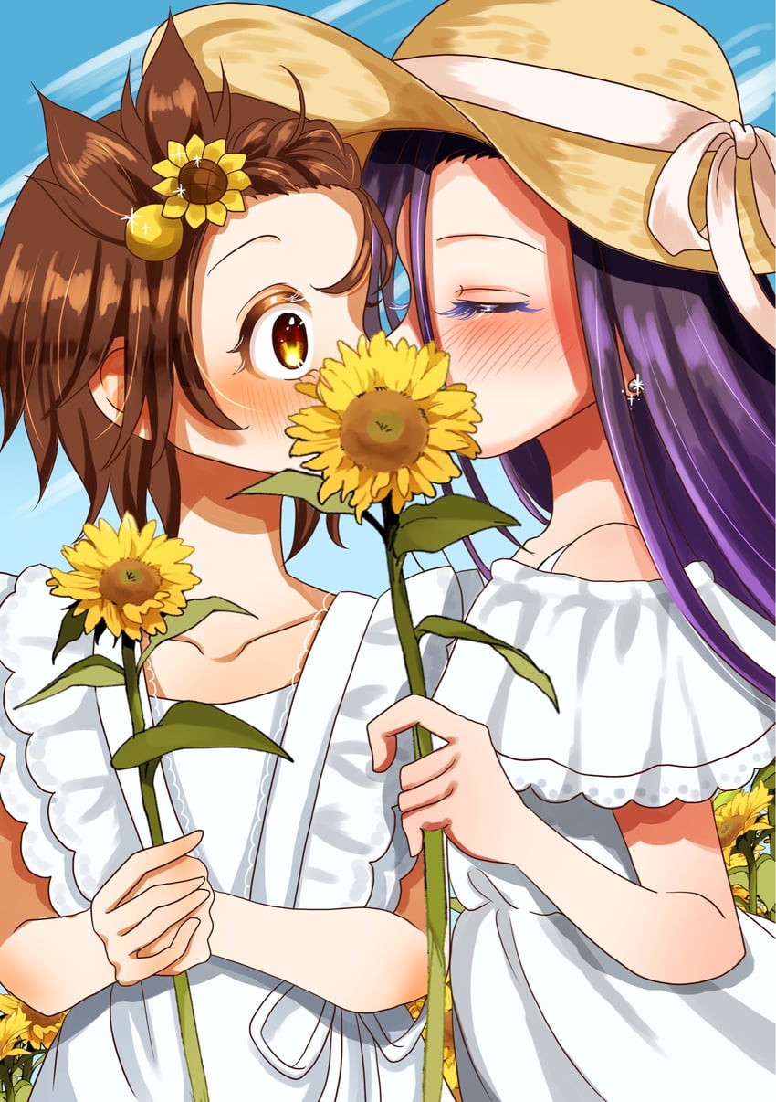 金牌得主 (漫画)、神崎光、结束祈 2名女孩 蓝天 脸红 棕眼睛 棕发