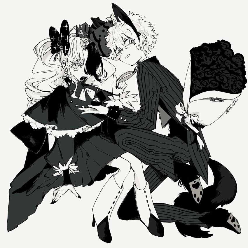 原创 1名男孩 1名女孩 兽耳 靴子 花束