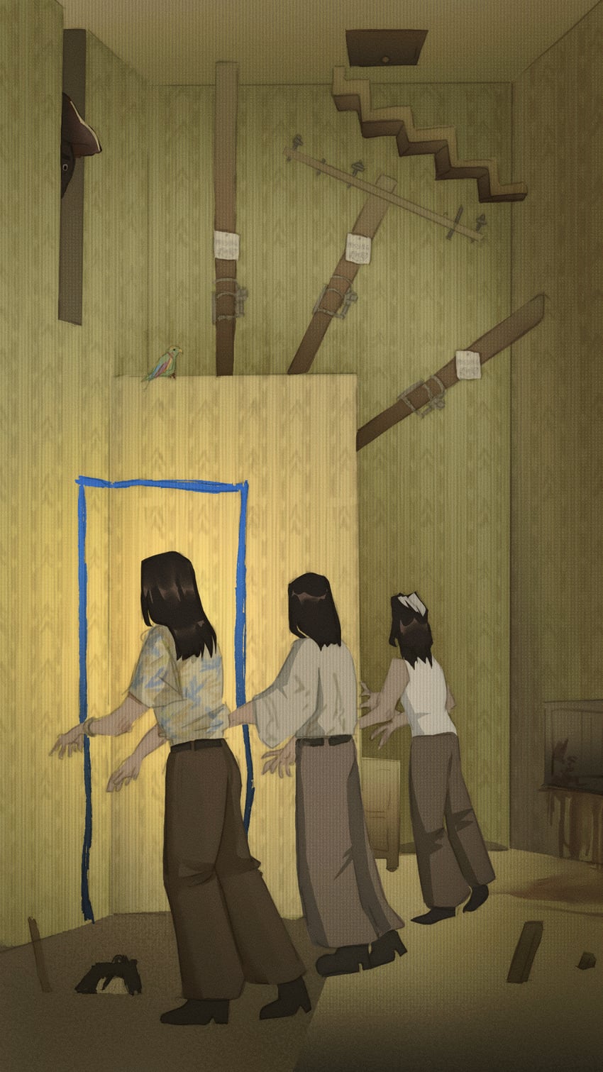 backrooms (2026 film)、后室 (都市传说)、mary kline 1名男孩 3人女子 腰带 鸟 黑色皮带