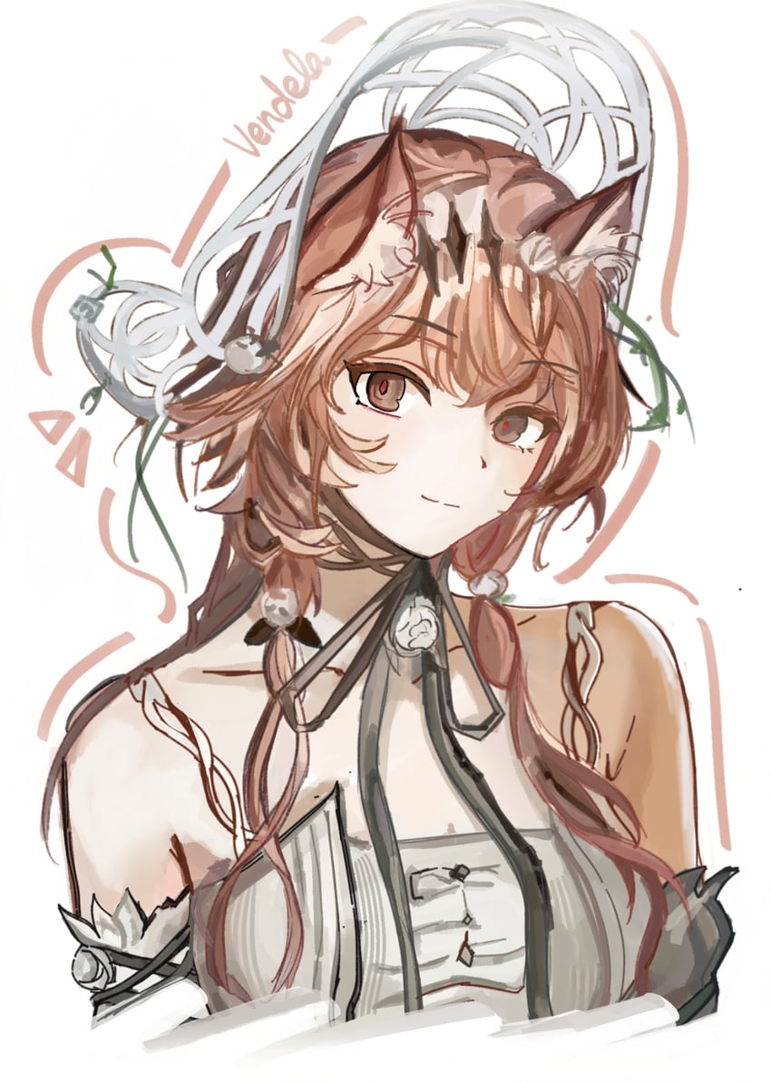 明日方舟、万顷 (明日方舟)、vendela (the enigma of roses) (arknights) 1名女孩 兽耳 露肩 乳房 棕眼睛