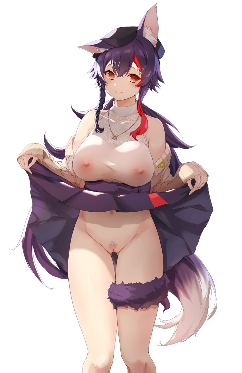 Hololive、大神澪、大神澪 (街头装) 1名女孩 兽耳毛 兽耳 露肩 黑色蝴蝶结