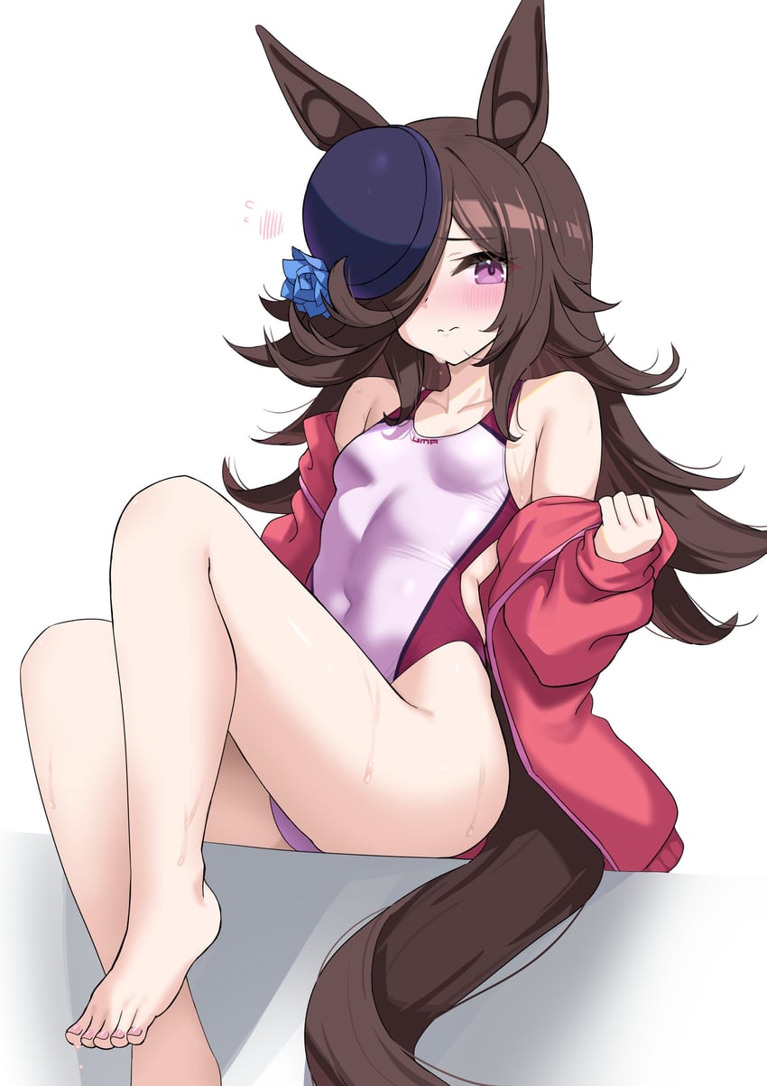赛马娘、米浴 (赛马娘) 1名女孩 兽耳 赤脚 蓝花 蓝帽子