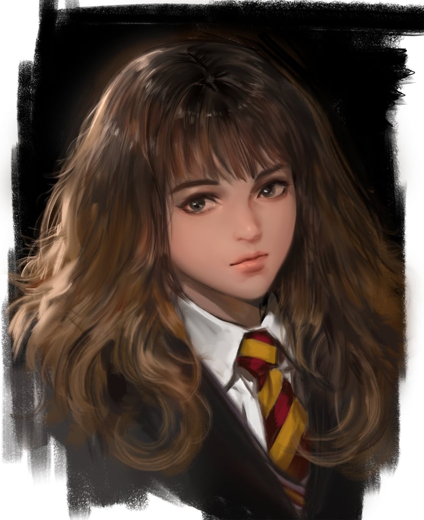 哈利波特系列、魔法世界 1名女孩 黑色背景 黑色长袍 棕眼睛 棕发