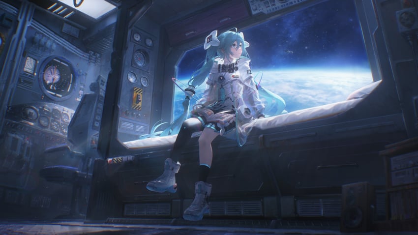 VOCALOID、初音未来 1名女孩 水色瞳 水色发 长发 单人