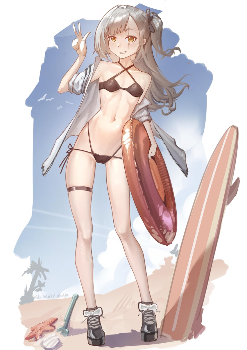 少女前线、少女前线2：追放、莉娃 (少女前线2：追放) 1名女孩 替换服装 举手 海滩 比基尼