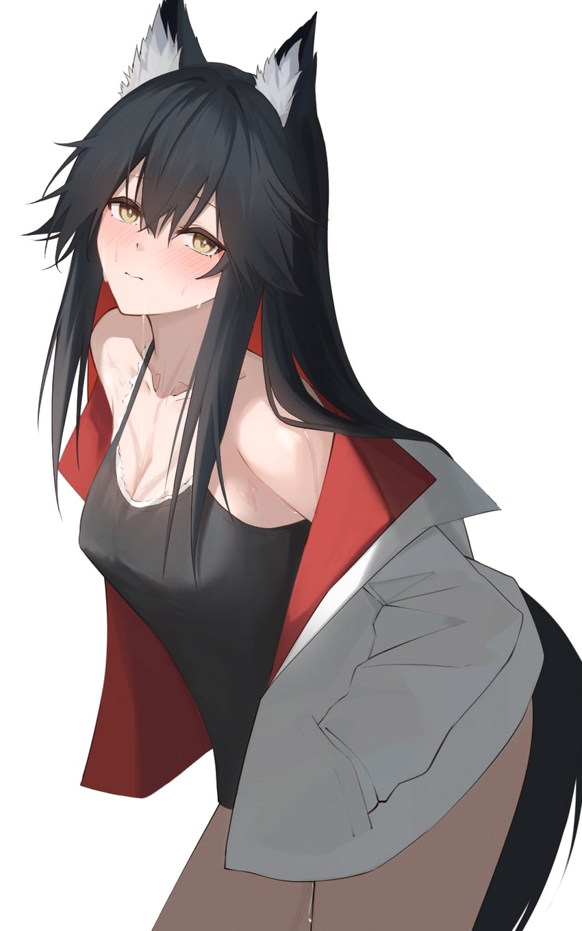 明日方舟、德克萨斯 (明日方舟) 1名女孩 兽耳毛 兽耳 黑吊带背心 黑发