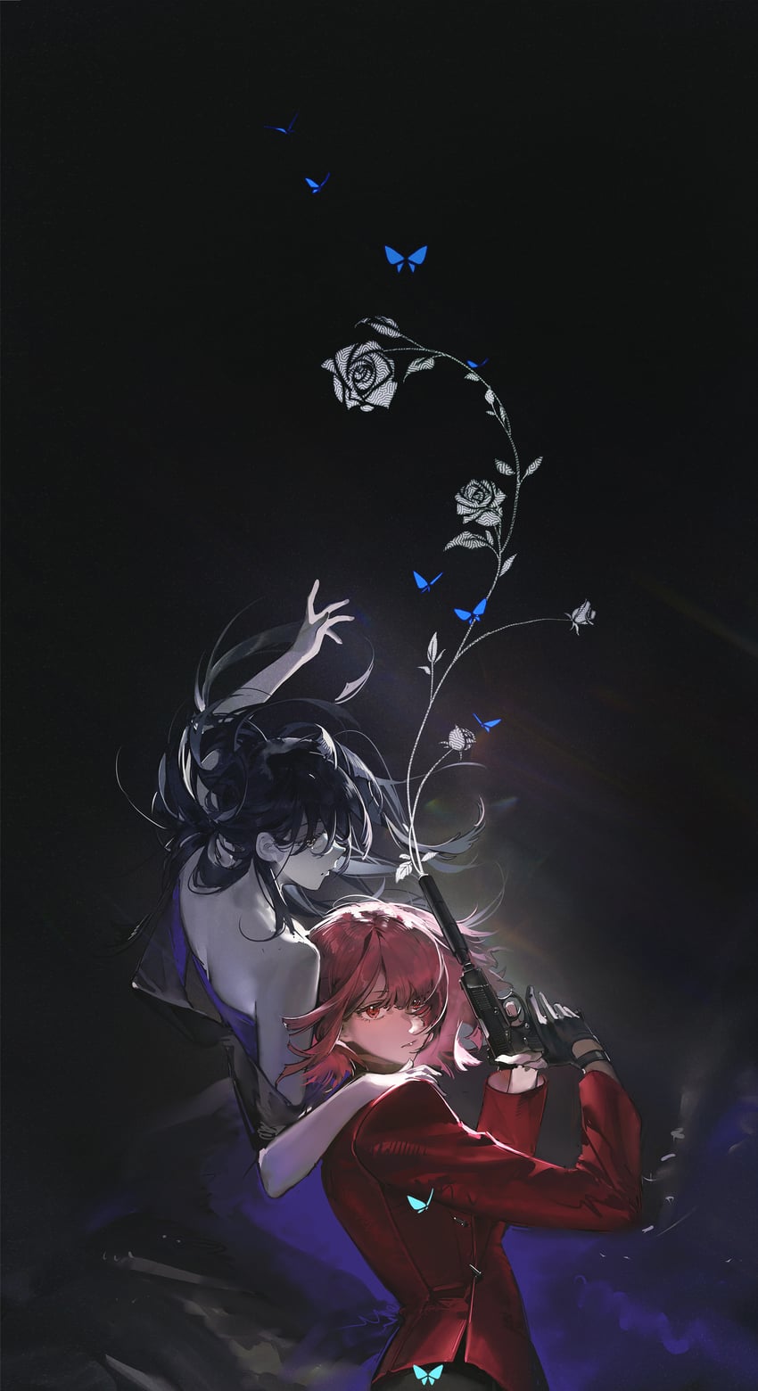 少女前线、少女前线2：追放、安洁莉娅 (少女前线) 2名女孩 背影 露肩 黑色背景 黑色连衣裙