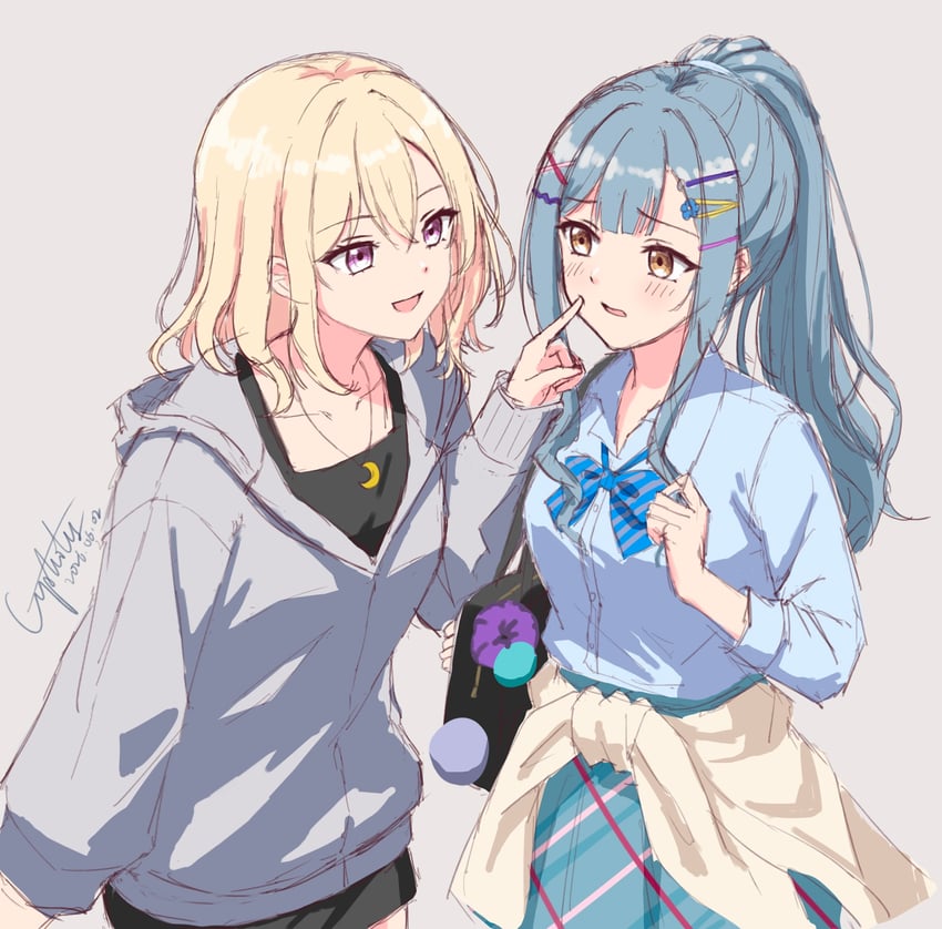 BanG Dream!、Bang Dream! It's MyGO!!!!!、三角初华 2名女孩 包 黑包 金发 蓝色衬衫