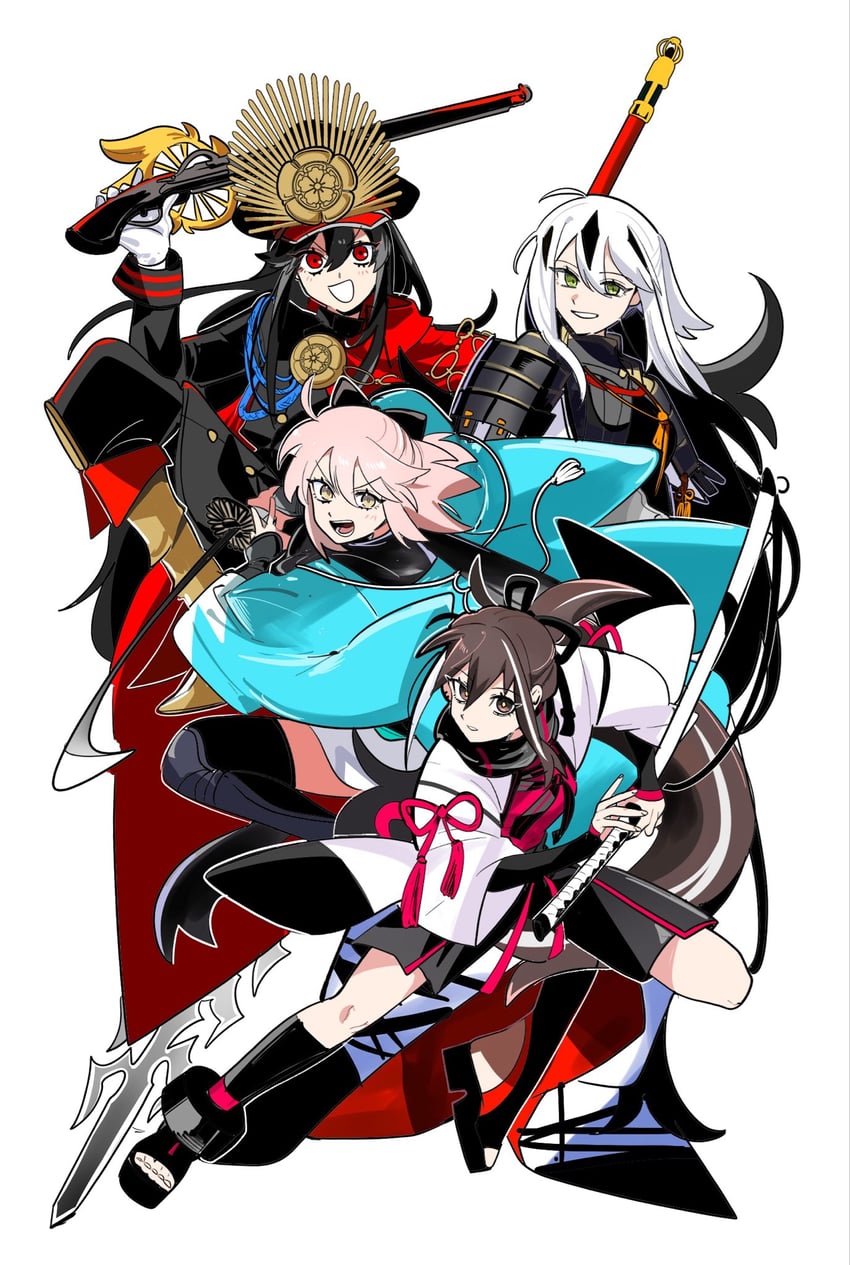 Fate/Grand Order、Fate系列、河上彦斋 (Fate) 4个女孩 黑色蝴蝶结 黑发 黑色围巾 金发