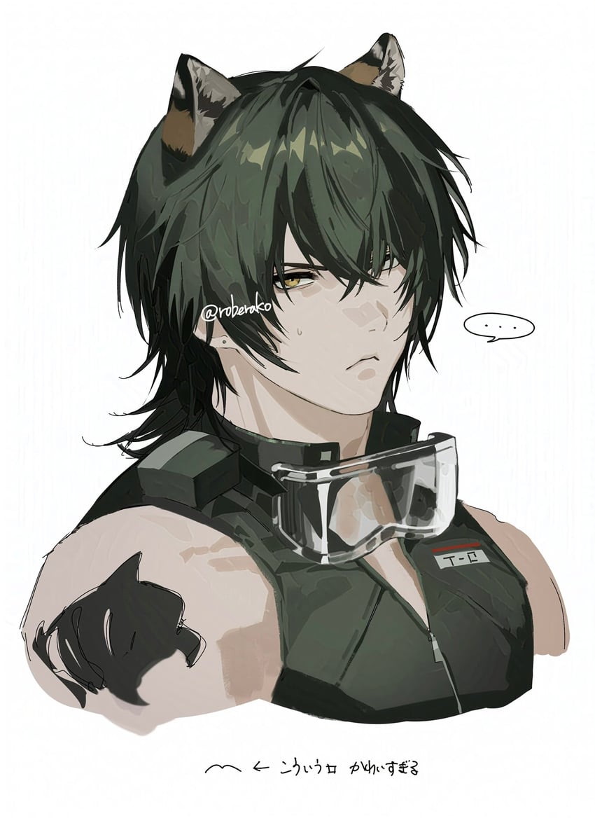 布洛卡（明日方舟） 1名男孩 兽耳 黑发 特写 dotted speech bubble