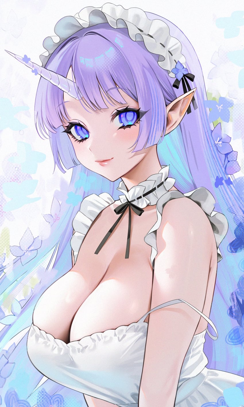 原创 1名女孩 露肩 黑色丝带 蓝眼 蓝发