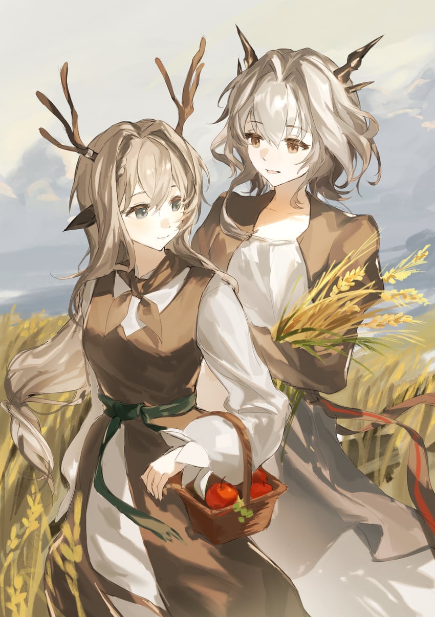 明日方舟、阿林娜 (明日方舟)、塔露拉 (明日方舟) 2名女孩 兽耳 鹿角 苹果 篮子