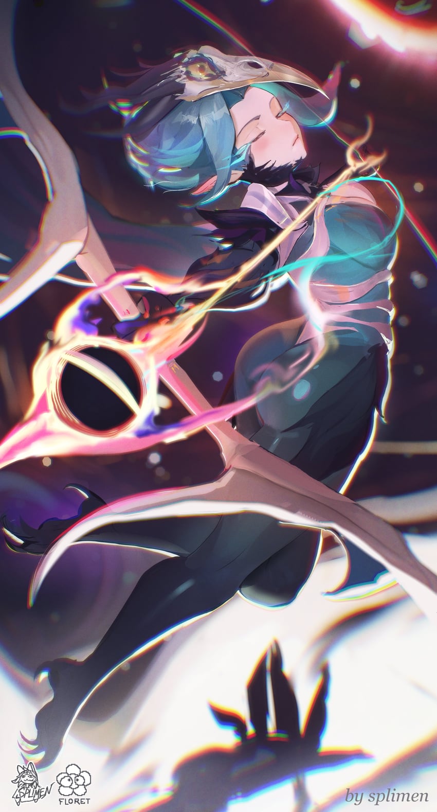 二次元插画 1名女孩 黑洞 紧身连体衣 蝴蝶结 爪足