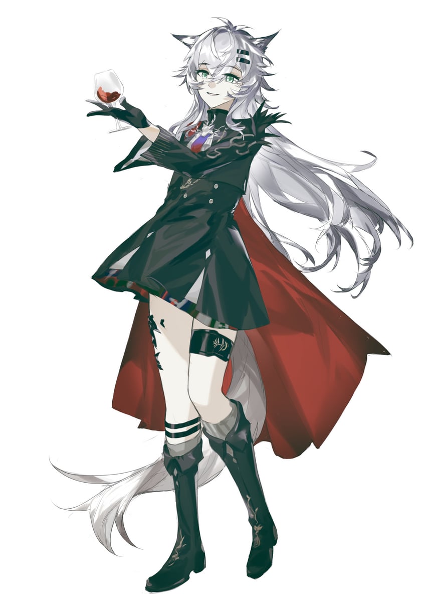 明日方舟、拉普兰德 (明日方舟)、荒芜拉普兰德 (明日方舟) 1名女孩 酒 兽耳 黑色靴子 黑色手套