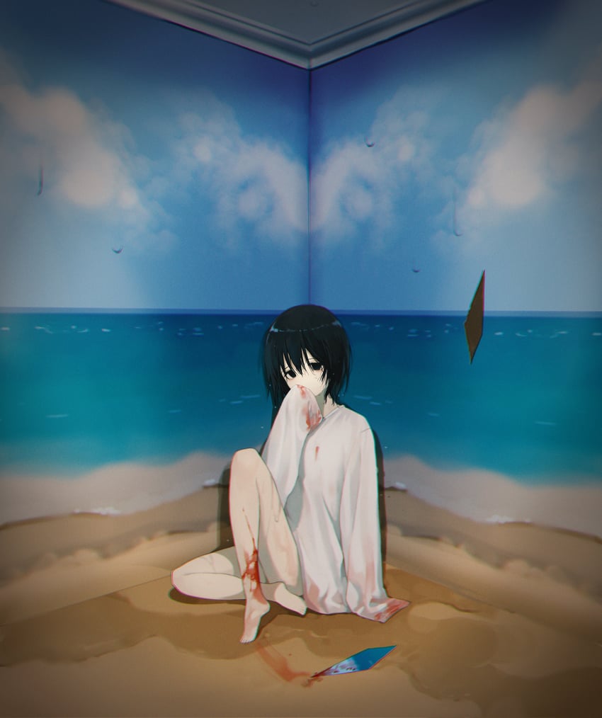 原创 1名女孩 裸腿 赤脚 海滩 黑瞳