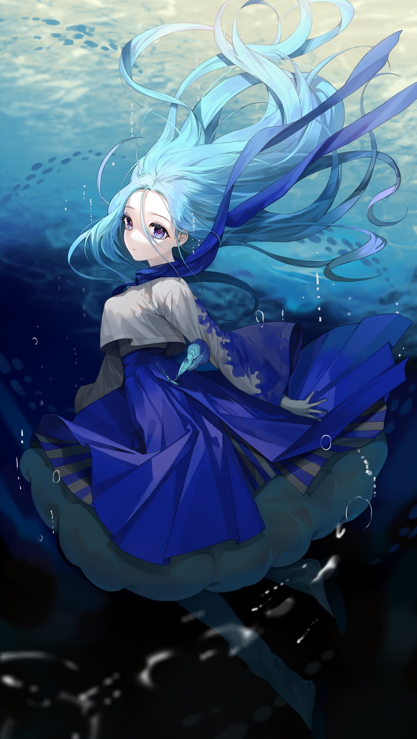 原创 1名女孩 气泡 蓝眼 蓝发 蓝裙子