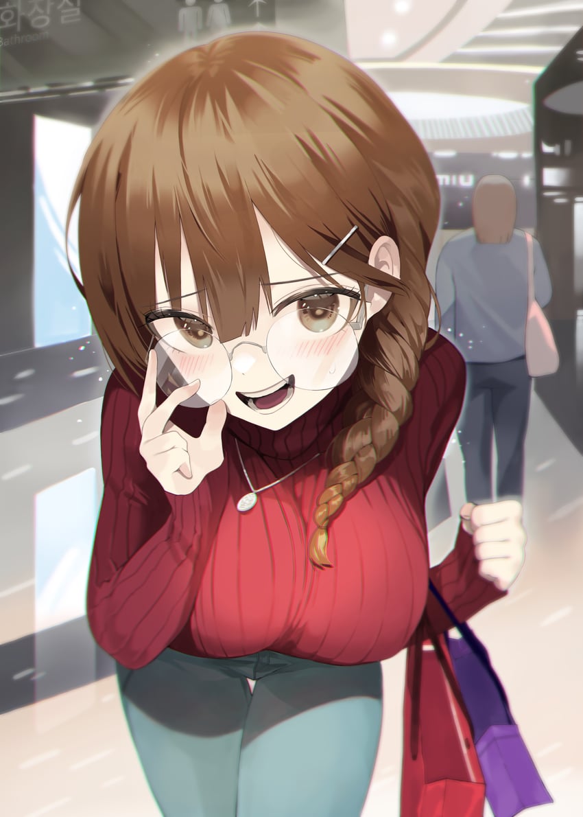 原创 1名女孩 包 蓝色裤子 脸红 辫子