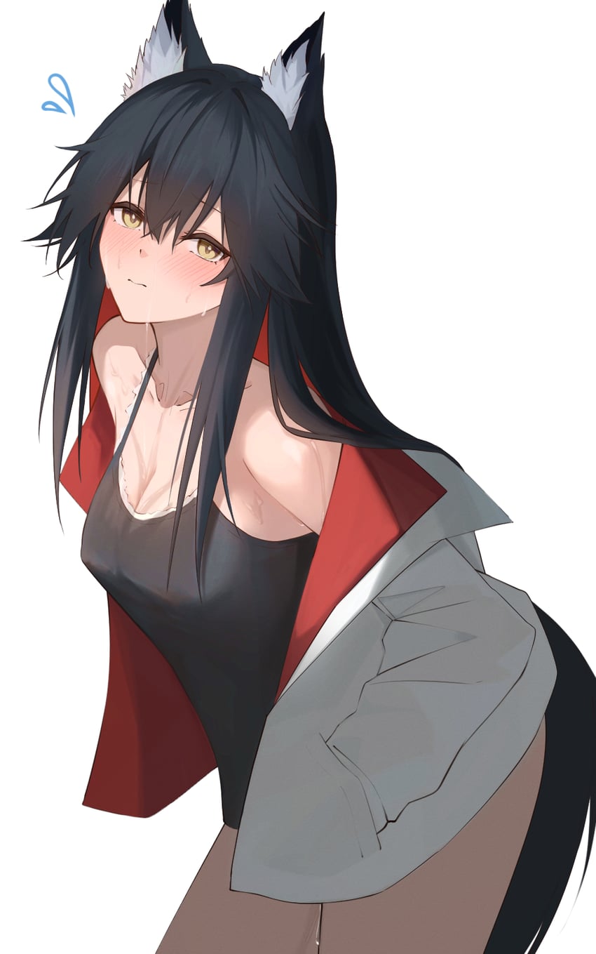明日方舟、德克萨斯 (明日方舟) 1名女孩 兽耳毛 兽耳 黑吊带背心 黑发