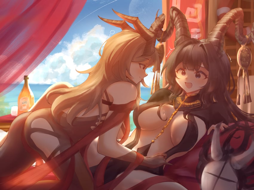 原创、osu! 2名女孩 黑色连衣裙 黑发 蓝天 脸红