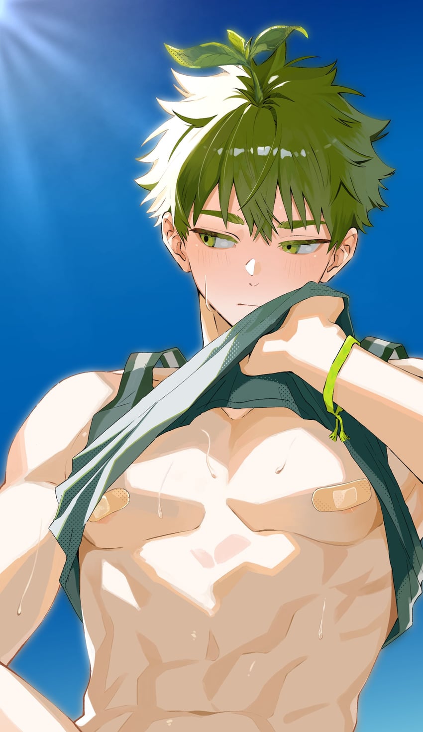 原创 1名男孩 腹肌 创可贴 乳头贴 蓝色背景