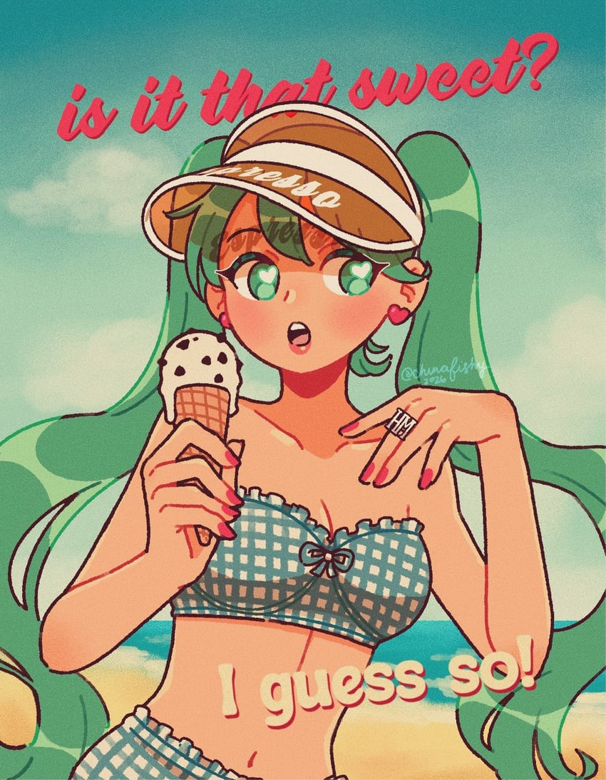 VOCALOID、初音未来 1名女孩 海滩 耳环 英文文本 绿眼