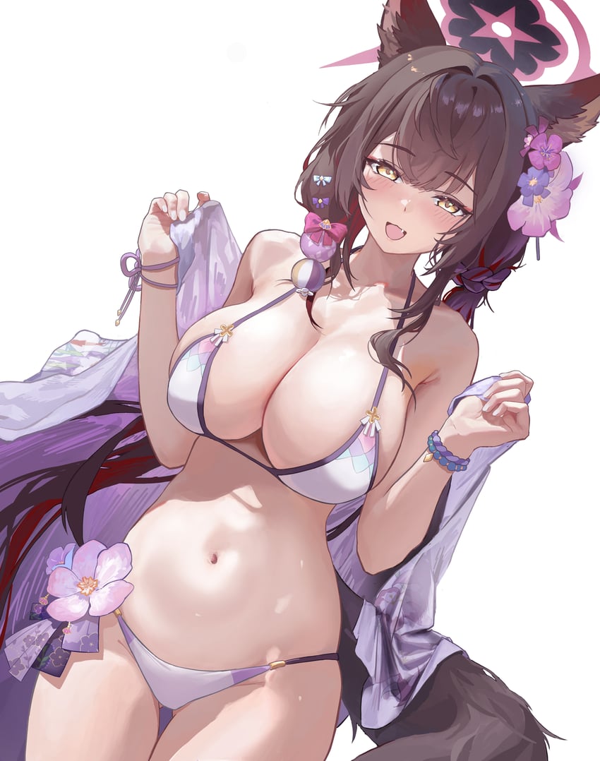 蔚蓝档案、若藻 (蔚蓝档案)、若藻 (泳装) (蔚蓝档案) 1名女孩 兽耳 比基尼 乳房 花