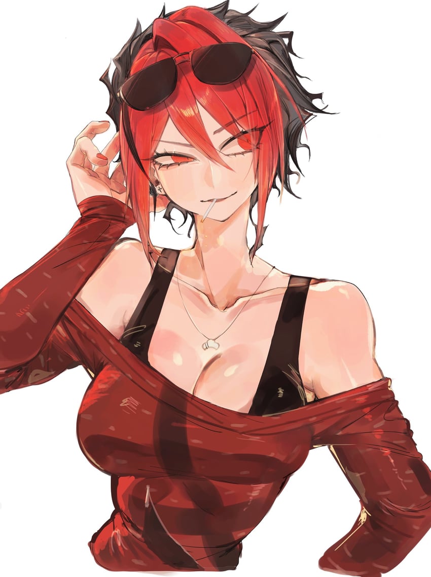 原创 1名女孩 异色瞳 黑发 黑色背心 乳房