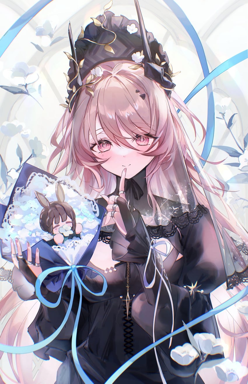 明日方舟、阿米娅 (明日方舟)、特蕾西娅 黑色连衣裙 蓝色丝带 脸红 恶魔角 连衣裙