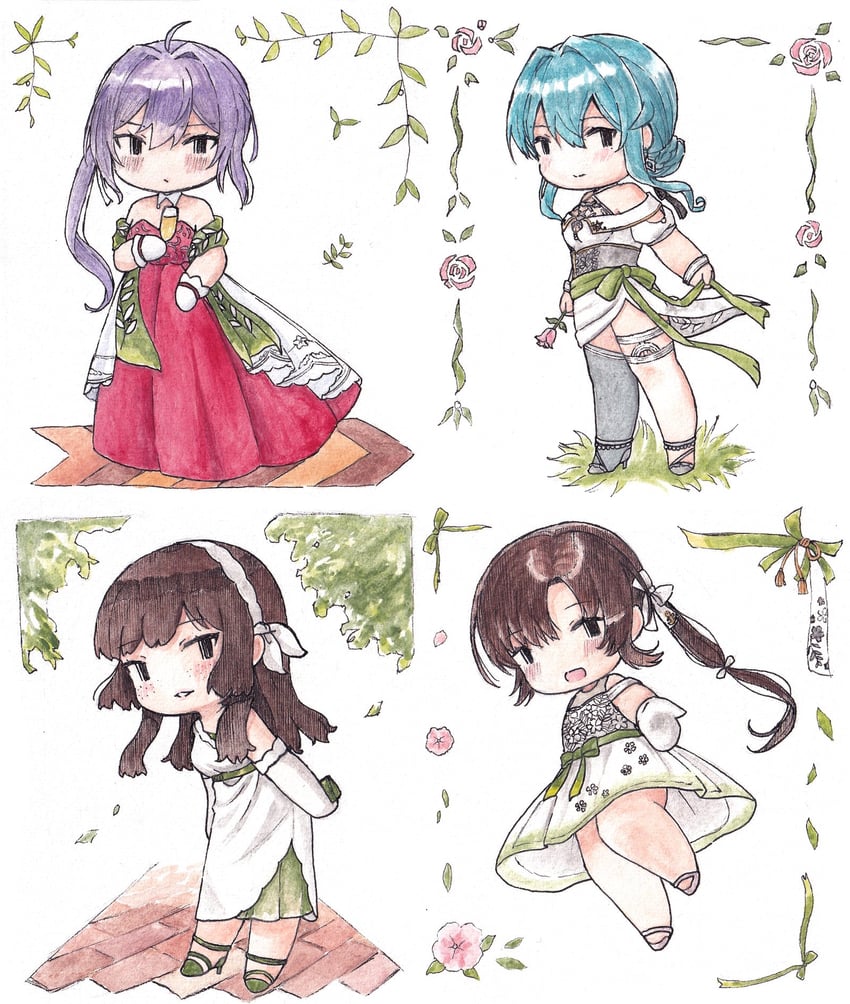 舰队Collection、曙（12周年）（舰娘）、曙 (舰队Collection) 4个女孩 黑发 脸红 棕发 Q版