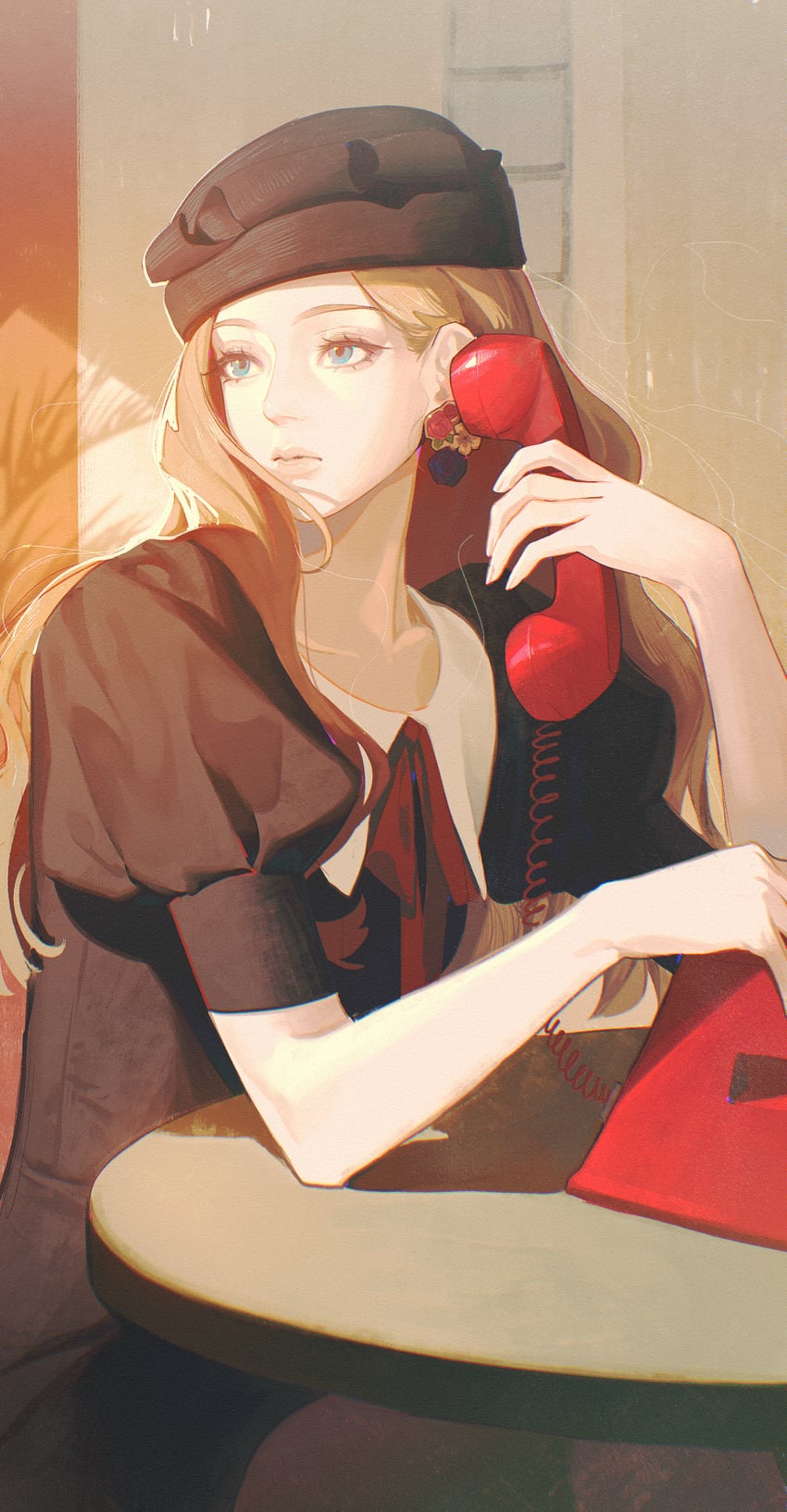 二次元插画 1名女孩 古董电话 黑帽子 金发 蓝眼