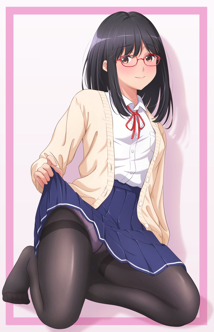 原创 1名女孩 黑发 黑色连裤袜 脸红 棕眼睛